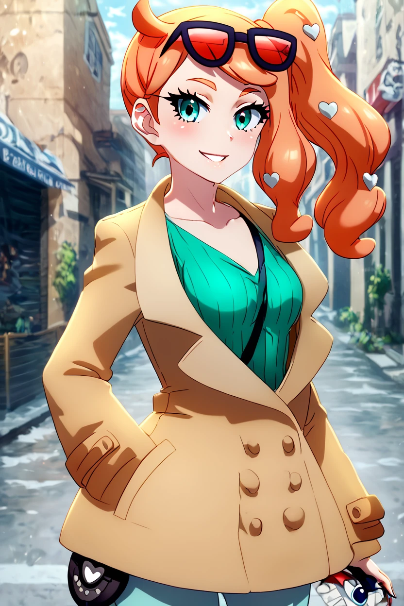 score_9, score_8_up, score_8, medium breasts, (curvy), cute, eyelashes,       ,,, , ,,, zzSonia, aqua eyes, long hair, orange hair, long hair, side ponytail, coat, hair ornament, heart, heart hair ornament, brown coat, ribbed shirt, shirt, sunglasses, eyewear on head,  <lora:Sonia_Pokemon_PDXL:1.0>,    ,,,, BREAK, smile, looking at viewer, cowboy shot, ,,, embedding:zPDXL, Expressiveh, ,,, <lora:PrismaIllya_PDXL_v3:1.0>, <lora:SDXLFaeTastic2400:0.5>, <lora:Expressive_H-000001:0.4>,