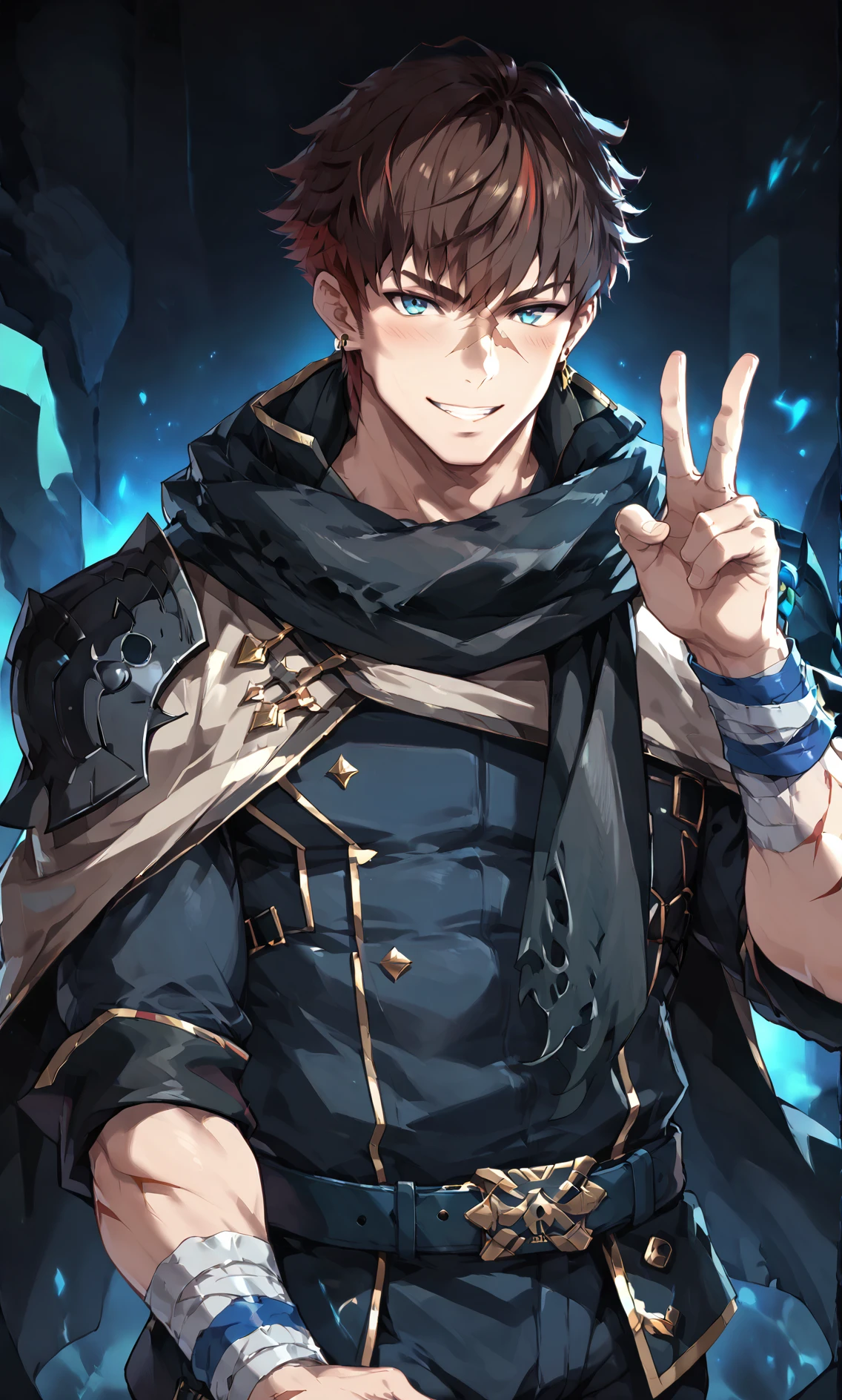 score_9_up, score_8_up, score_7_up, score_6_up, solo, 1boy, zPDXLxxx, rating_explicit, male focus, mediatorkawerik, brown hair, short hair, facial scar, dark blue scarf, high collar, smiling, hand up, peace sign, light skin, blue eyes, stud earrings, dark blue jerkin with gold buttons, dark blue belt with gold buckle, bandage wristbands, masculine, dark fantasy art, grimdark, best_quality, masterpiece, dark cold color scheme, valorant style, dvs, <lora:sxz-valorant-smol-v2-pdxl:0.2> <lora:Concept Art DarkSide Style LoRA_Pony XL v6:0.9> <lora:Mediator_Kawerik_-_Epic_Seven-000009:0.8>