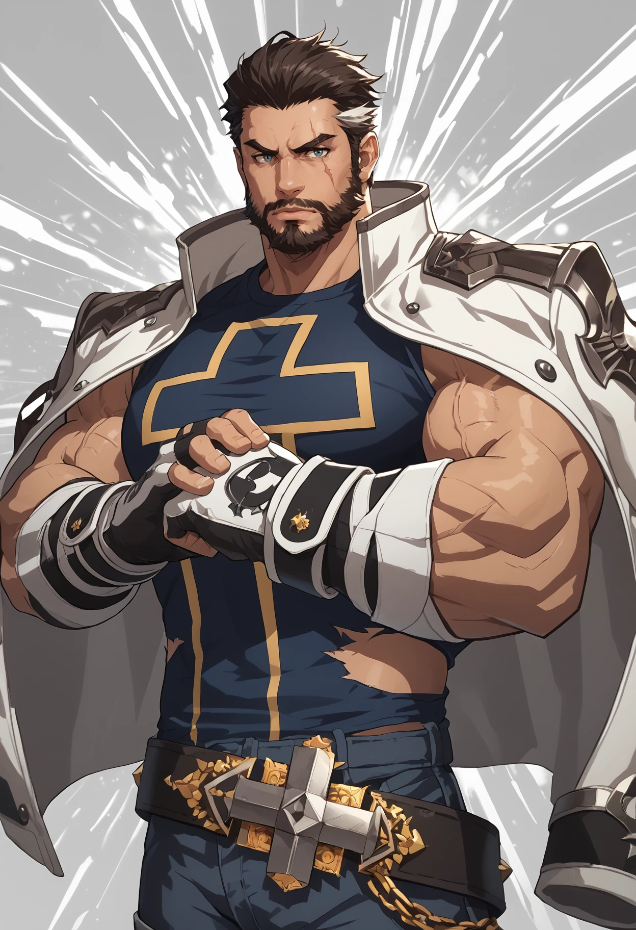 score_9, score_8_up, score_7_up, highly detailed, intricate details, detailed background, 1boy, bara, mature male, short hair, multicolored hair, white streak, gloves, jacket, sleeveless, torn clothes, scar, muscular, beard, jacket on shoulders, manly, dnfmonk <lora:DNF Monk (Pony)1:0.9>