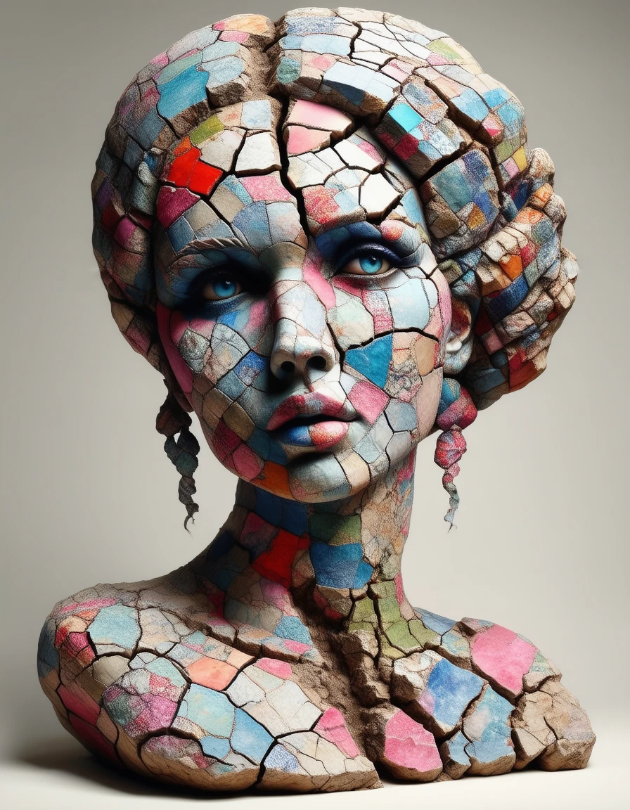 stone statue of a woman, deep cracks, desolate, cracks filled with patchwork fabric, creative and colorful, antique