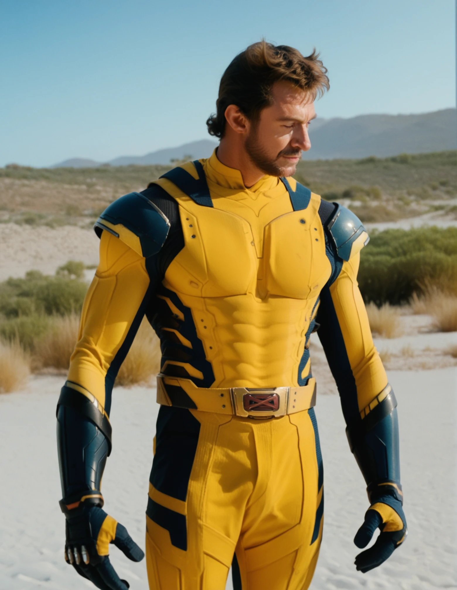 male, yellow bodysuit, solo. belt, gloves, slim waist, high contrast, clear, lateral, desert background <lora:Wolverine:0.8> wolverine, score_9, score_8_up, score_7_up, score_6_up, (ultra sharp focus)
