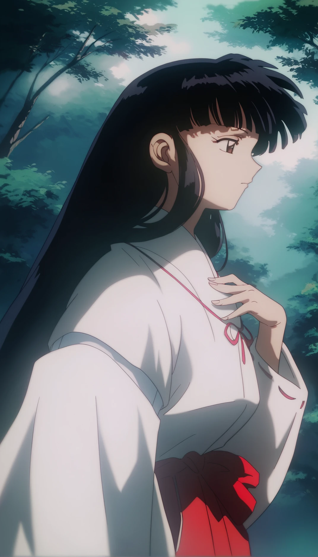 score_9,score_8_up,score_7_up,
<lora:1126kikyo:1>,oykik,
1girl,solo,black hair,bangs,long hair,
brown eyes,
miko outfit,
red ribbon necklace,red hakama,
upper body,from side,hand on chest,
outdoors,blue sky,soft lighting,forest,fog,