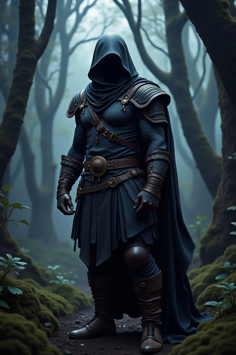 A Voxav clan member stands tall in a mystical forest glade, lit by soft, eerie illumination that accentuates the worn leather armor's rugged texture. The camera frames their unyielding gaze and powerful physique, emphasizing their strength and readiness to defend their kin at a moment's notice. The surrounding mist-shrouded trees create an atmosphere of unity and determination, as if they are one with the land and their tribe.,voxav clan