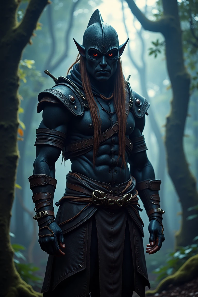 A Voxav clan member stands tall in a mystical forest glade, lit by soft, eerie illumination that accentuates the worn leather armor's rugged texture. The camera frames their unyielding gaze and powerful physique, emphasizing their strength and readiness to defend their kin at a moment's notice. The surrounding mist-shrouded trees create an atmosphere of unity and determination, as if they are one with the land and their tribe.,voxav clan