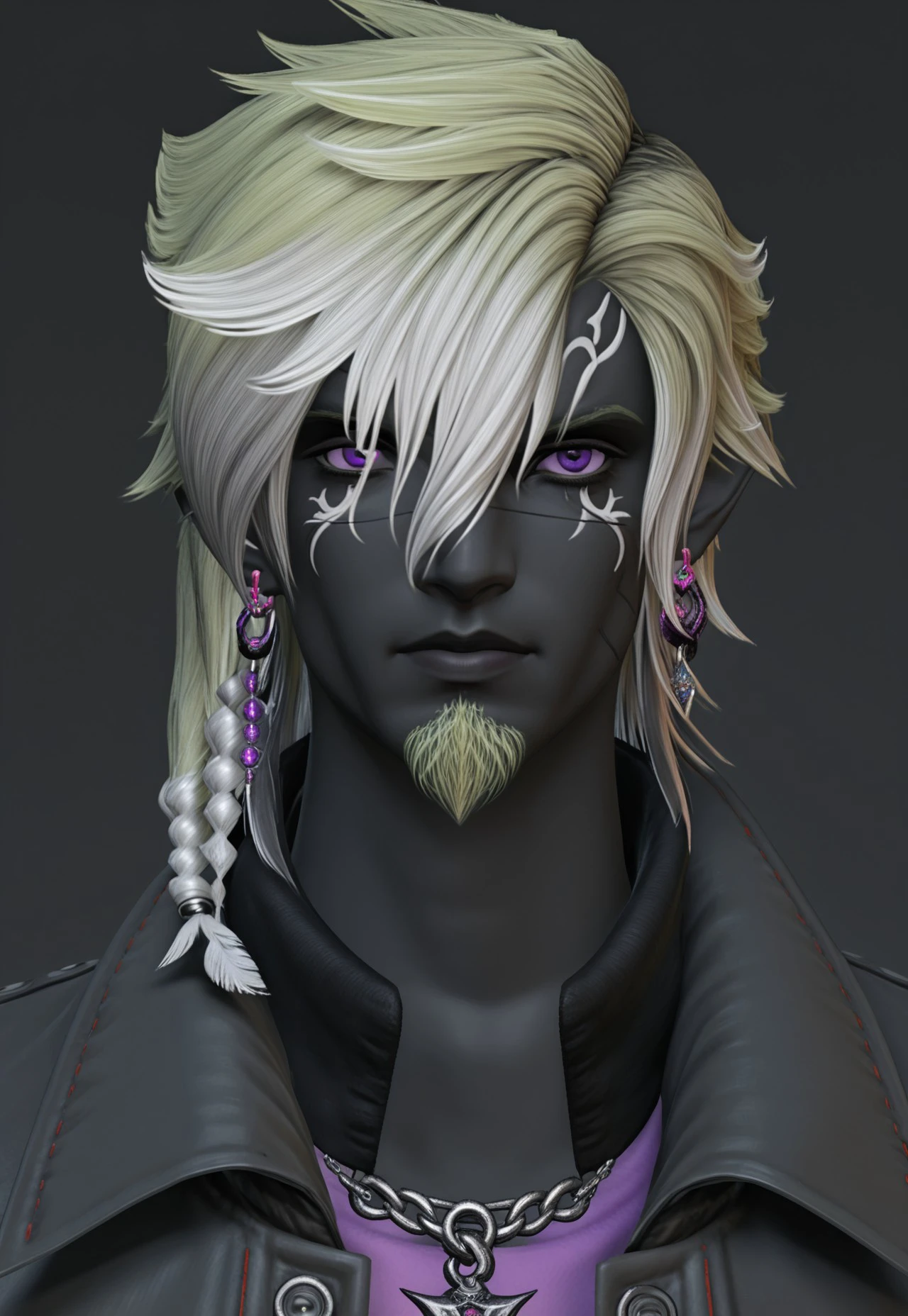 KRH1ST1A, elvaan, solo, 1boy, male focus, facial hair, multicolored hair, looking at viewer, dark skin, purple eyes, colored skin, white hair, facial tattoo, facial mark, grey skin, tattoo, upper body, earrings, two-tone hair, blonde hair, jacket, jewelry, goatee, beard, elezen, vibrant color, cinematic lighting, cinematic angle, masterpiece, best quality