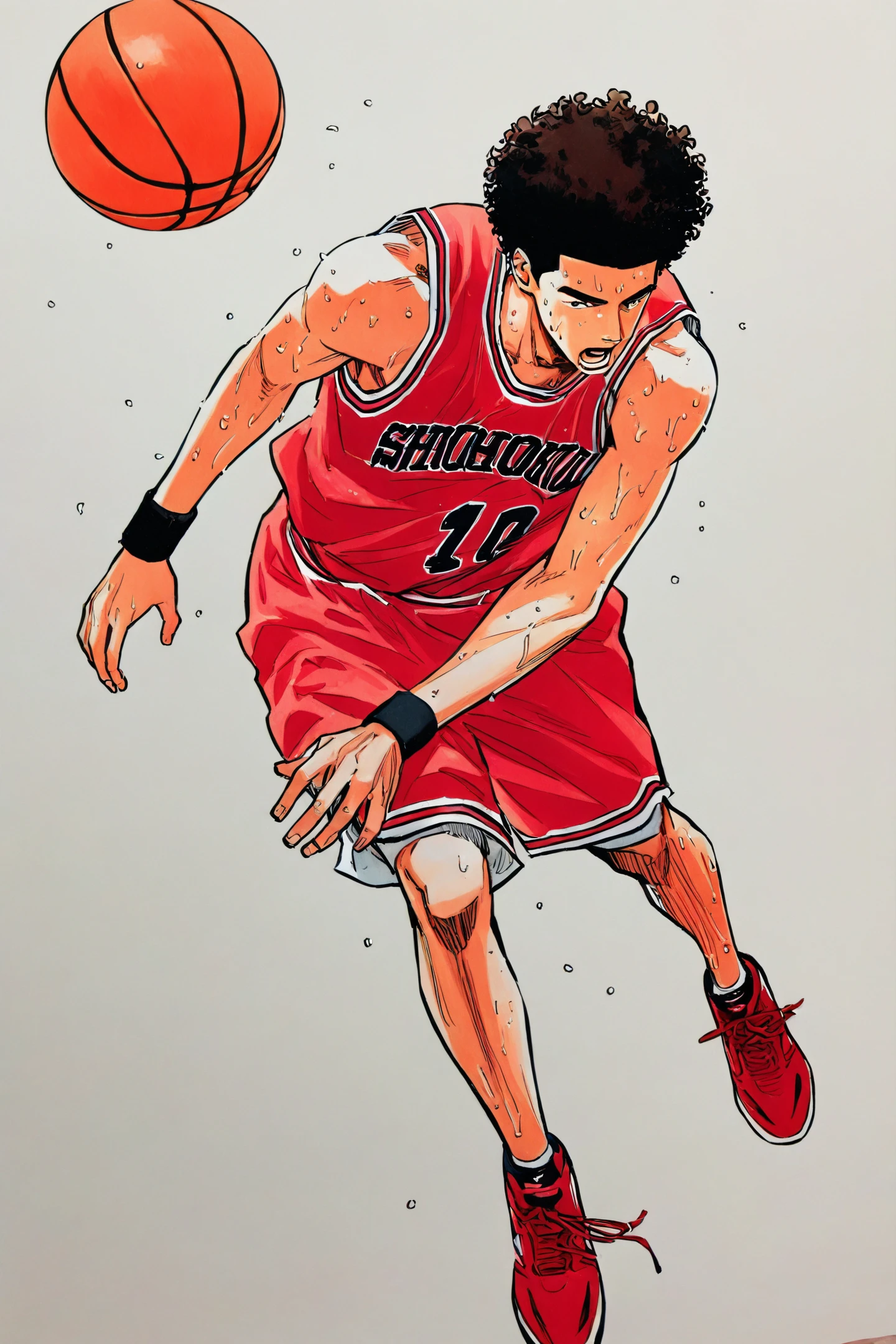 Miyagi Ryota,1boy,solo,red basketball uniform,basketball,sportswear,brown hair,shoes,wristband,white background,jersey,sneakers,short hair,sweat,simple background,black hair,afro,open mouth,red shorts,sleeveless,red footwear,short sleeves,
<lora:Inoue Takehiko_illustriousXL:0.8>,