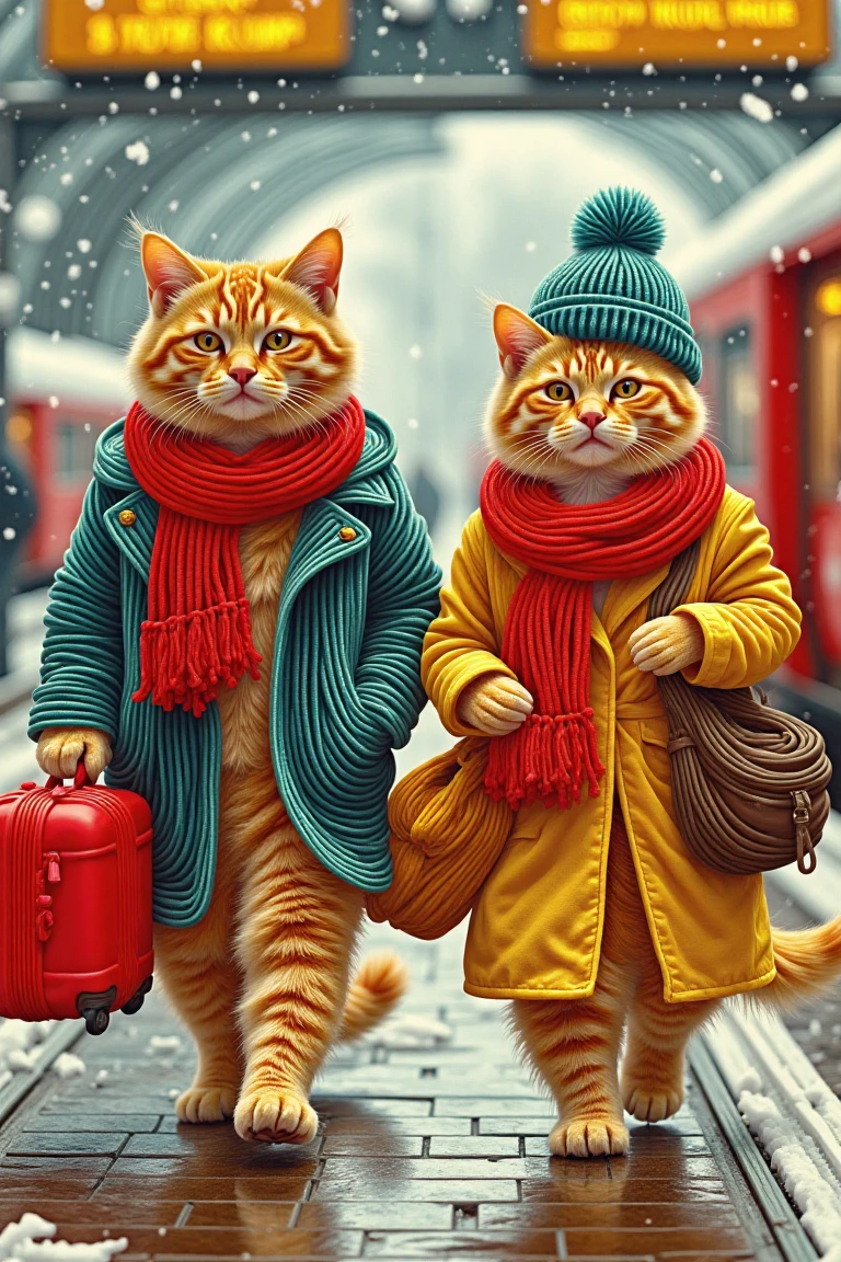 Two majestic cats, attired in UK-style winter attire, including a hat, beanie, and coat, stand proudly on the platform of a bustling train station. One cat holds a suitcase in its paws, while the other sports a scarf and bag, both blurred in the background as they walk into the frame. The snowy atmosphere is captured in photorealistic detail, with falling snowflakes gently descending around them. The depth of field creates a sense of intimacy, focusing attention on the charming felines.,nule style