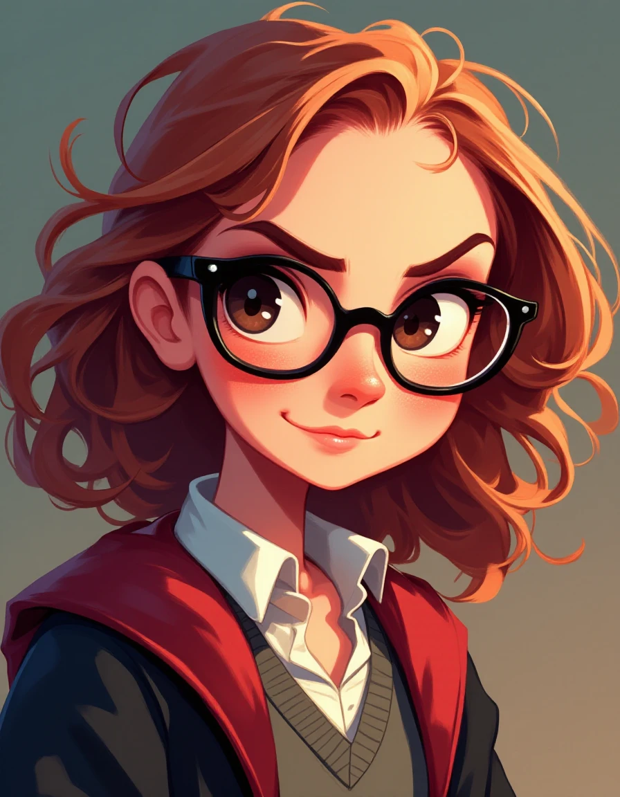 Cartoon style, Hermione Granger, woman, crazy brown hair, nerdy,   <lora:Saturday_Morning_Cartoon_Style_FLUX-000009:1>