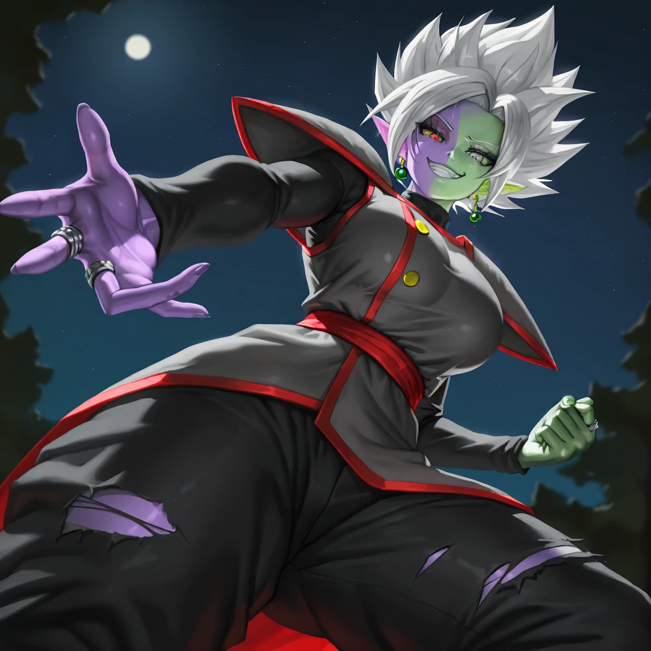 <lora:Zamasu_All_in_One:0.6> masterpiece, best quality, elite nappa, outdoors, night, dark, looking at viewer, smug, grin, closed mouth, 1girl, large breasts, solo, Zamhalfasu, multicolored skin, two-tone skin, colored skin, green skin, purple skin, heterochromia, grey eyes, red eyes, mismatched sclera, colored sclera, ring, spiked hair, short hair, white hair, parted bangs, pointy ears, potara earrings, green earrings, black shirt, long sleeves, shirt under tunic, grey tunic, shoulder pads, red trim, gold button, red sash, baggy pants, black pants, torn clothes, from below, beckoning, outstretched arm