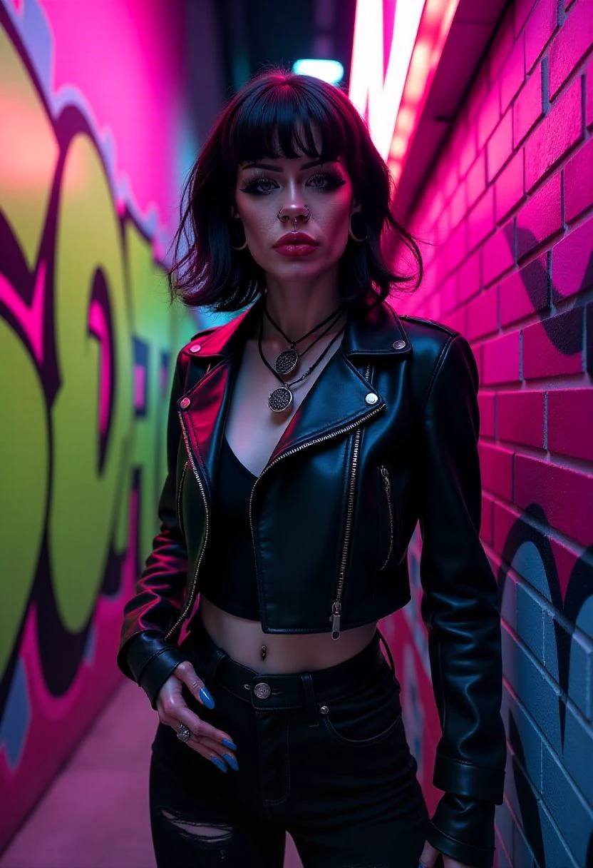 In a vivid, grunge-inspired urban alleyway, a striking woman stands in a full-length pose that exudes raw, rebellious energy. Her raven-black hair cascades in glossy waves past her shoulders, framing a powerful silhouette. She wears a meticulously crafted ensemble that blends punk and high fashion: a fitted leather jacket with iridescent midnight blue undertones, paired with strategically distressed black skinny jeans and knee-high combat boots with metallic silver accents.
Her full body is positioned in a confident, slightly angular stance—one hand resting on her hip, the other trailing along the graffiti-covered brick wall. Her piercing eyes, accentuated by dramatic smoky eye makeup in deep charcoal and electric purple, radiate intense, unapologetic confidence. Bold red lipstick glows with an almost luminescent vibrancy, creating a stark, provocative contrast against her pale skin.
The neon-drenched alleyway explodes with hypersaturated colors—lime green graffiti tags bleeding into hot pink street art, with vibrant orange highlights that seem to pulse with electric energy. Overhead, a flickering neon sign bathes the entire scene in a mesmerizing wash of magenta and teal, creating dramatic, almost three-dimensional shadows and highlights that sculpt every contour of her form.
Her accessories amplify the scene's visual drama: an intricately designed choker with polished silver spikes catches the light, while her cobalt blue manicured nails seem to shimmer and move with a life of their own. The entire composition is a symphonic burst of color, texture, and attitude—a visual rebellion captured in a single, breathtaking moment.
 <lora:VioletGoth_FLUX_01-000002:1> VioletGoth,