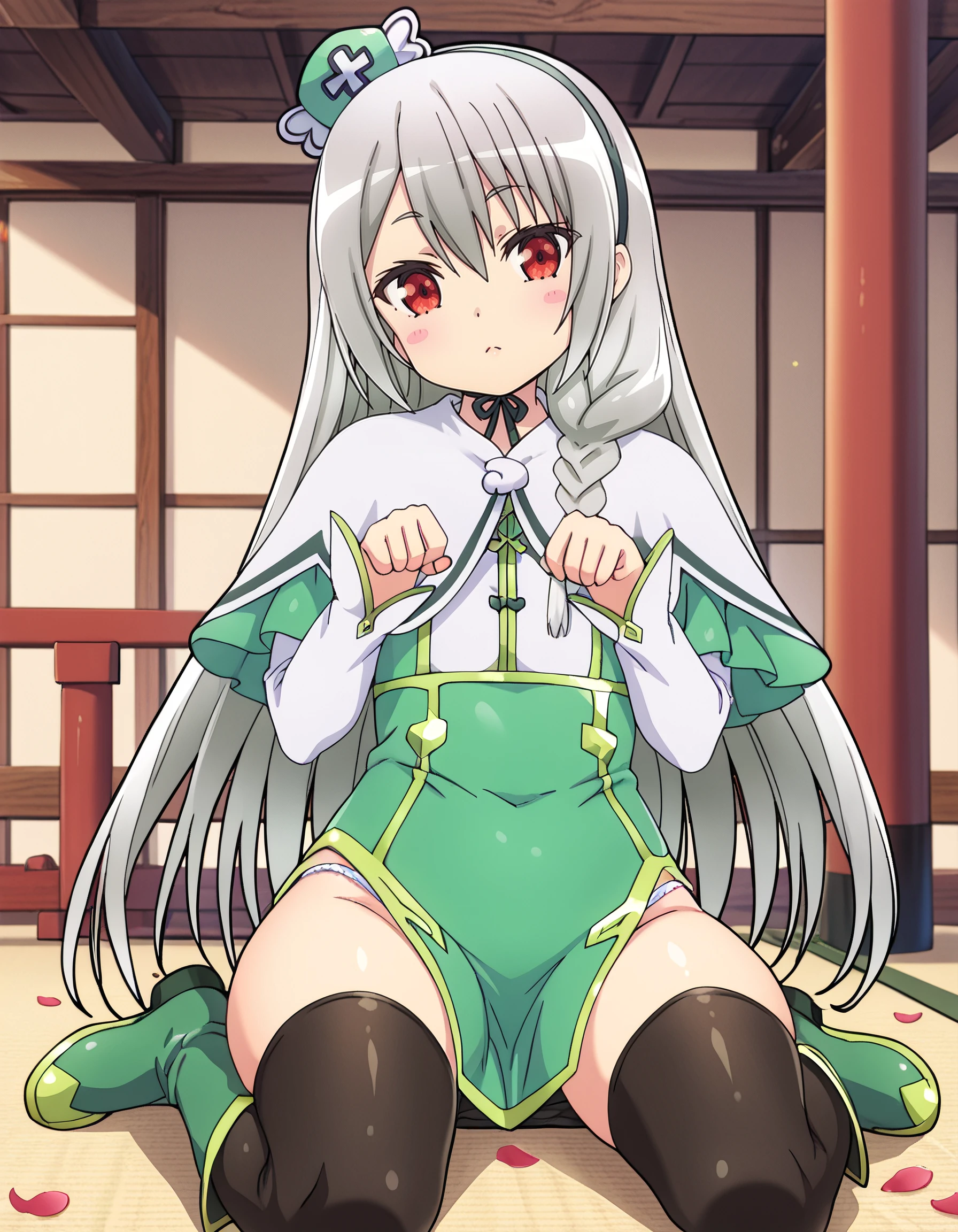 <lora:ange_maidena:1> ange_maidena, grey_hair, long_hair, red_eyes, hair_between_eyes, braid,  long_sleeves,  green_dress, mini_hat, green_hairband, neck_ribbon, capelet, black_thighhighs, knee_boots, green_footwear, 1girl, solo, shiny_skin, kneeling, indoors, seaside_cliffs, torii_on_rock, seagulls, flying_petals, bokeh, head_tilt, sitting, legs_spread, panty_peek, groin, paw_pose, :3, blush_stickers