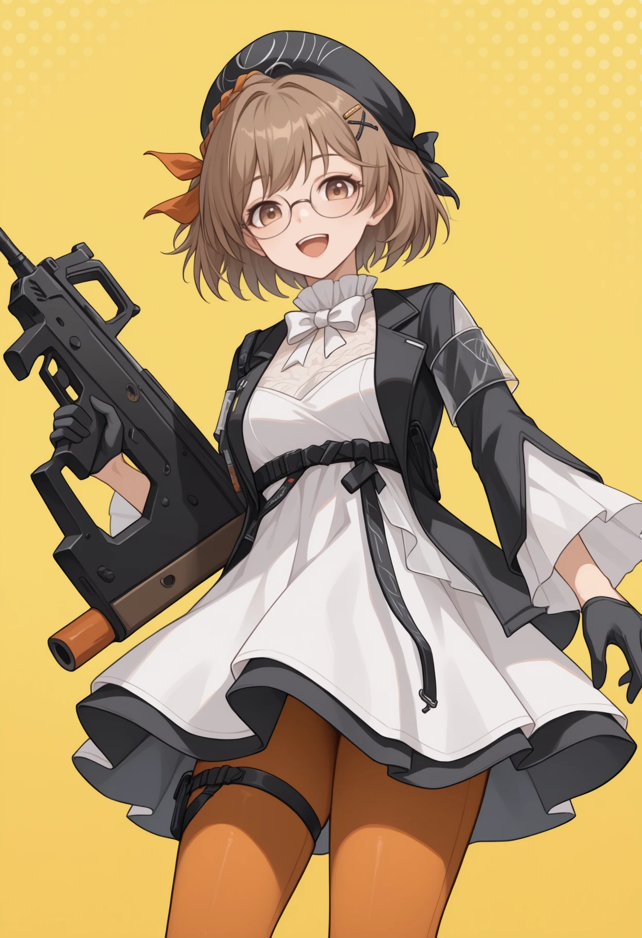 masterpiece, best quality, <break> solo, 1girl, maddelena, :d, upper teeth only, looking at viewer, standing, holding gun, bullpup, short hair, brown hair, braid, hairclip, black headwear, beret, brown eyes, glasses, black jacket, open jacket, long sleeves, white dress, frilled collar, white bowtie, black gloves, orange pantyhose, thigh strap, yellow background, abstract background
<segment:yolo-Anzhc Face seg 640 v2 y8n.pt,0.4,0.5//cid=1>