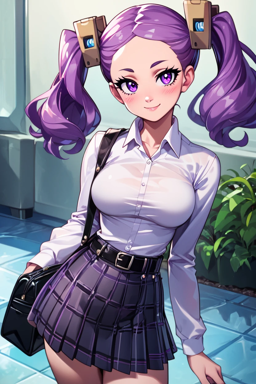 score_9, score_8_up, score_8, medium breasts, (curvy), cute, eyelashes,       ,,, , zzWahanly, 1girl, solo, purple eyes, long hair, purple hair, twintails, hair ornament, belt, jumpsuit,<lora:WahanlyShumeTenchi_PDXL:1.0>,,,, BREAK, closed mouth, alternate costume, smile, looking at viewer, collared shirt, blush, sweater, black skirt, eyelashes, long sleeves, sleeves past wrists, plaid skirt, shoulder bag, black bag, blurry, tile floor, pleated skirt, white shirt, cowboy shot, ,,, embedding:zPDXL, Expressiveh, ,,, <lora:Vivid:0.7>, <lora:Uncensored_PonyXL_cpt_v02.09:0.4>, <lora:Expressive_H-000001:0.4>,