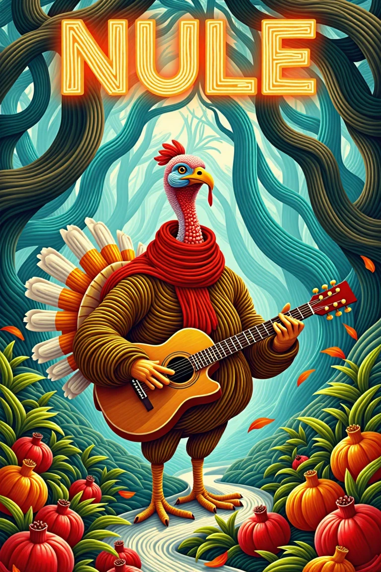 In the heart of a misty, enchanted forest, where towering trees reach toward the heavens and emerald foliage carpets the ground, a striking turkey takes center stage. The turkey stands poised and majestic, holding a rustic brown guitar in its wing, its feathers a dazzling array of bronze and copper with a pure white tail tip.

A fiery red scarf flutters around its neck, adding a dramatic flair, while scattered pomegranates and vibrant leaves frame the scene. The backdrop is an intense swirl of deep blue and glowing emerald mist, with faint beams of moonlight piercing through the trees, highlighting the turkey’s piercing, determined gaze.

The bold text "NULE" dominates the upper part of the poster in a glowing, glitchy font, radiating hues of neon orange and fiery red. The tagline below reads:
"The forest awakens with music, mystery, and untamed adventure."

This poster embodies a mix of charm, drama, and intrigue, promising an unforgettable tale.,nule style