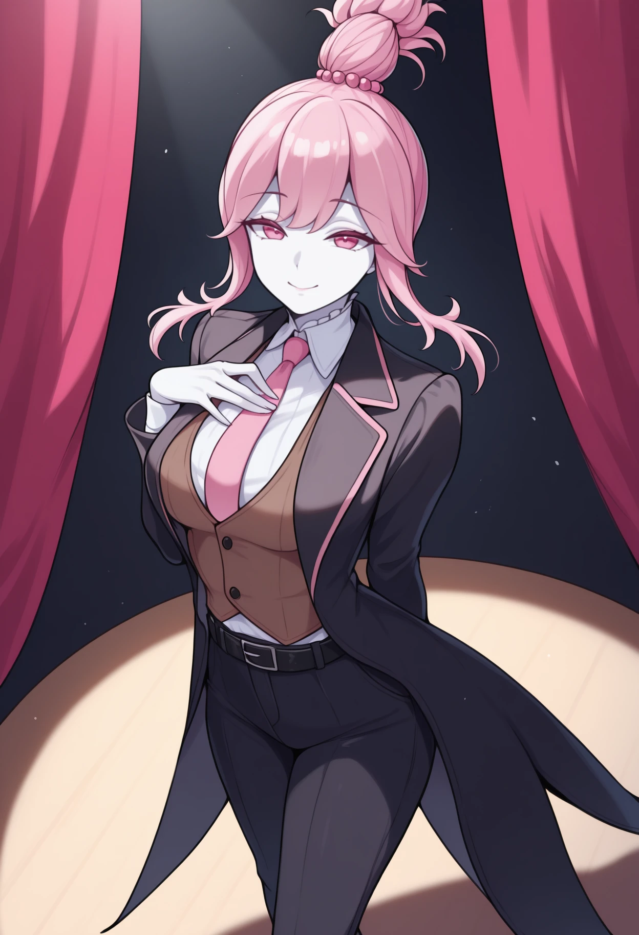 masterpiece, best quality, <break> solo, 1girl, vntrcs, monster girl, white skin, smile, closed mouth, looking at viewer, standing, hand on own chest, arm behind back, long hair, pink hair, ponytail, pink eyes, black coat, open coat, coattails, long sleeves, brown vest, white shirt, collared shirt, pink necktie, striped necktie, black pants, black belt, medium breasts, stage, spotlight, curtains
<segment:yolo-Anzhc Face seg 640 v2 y8n.pt,0.4,0.5//cid=1>