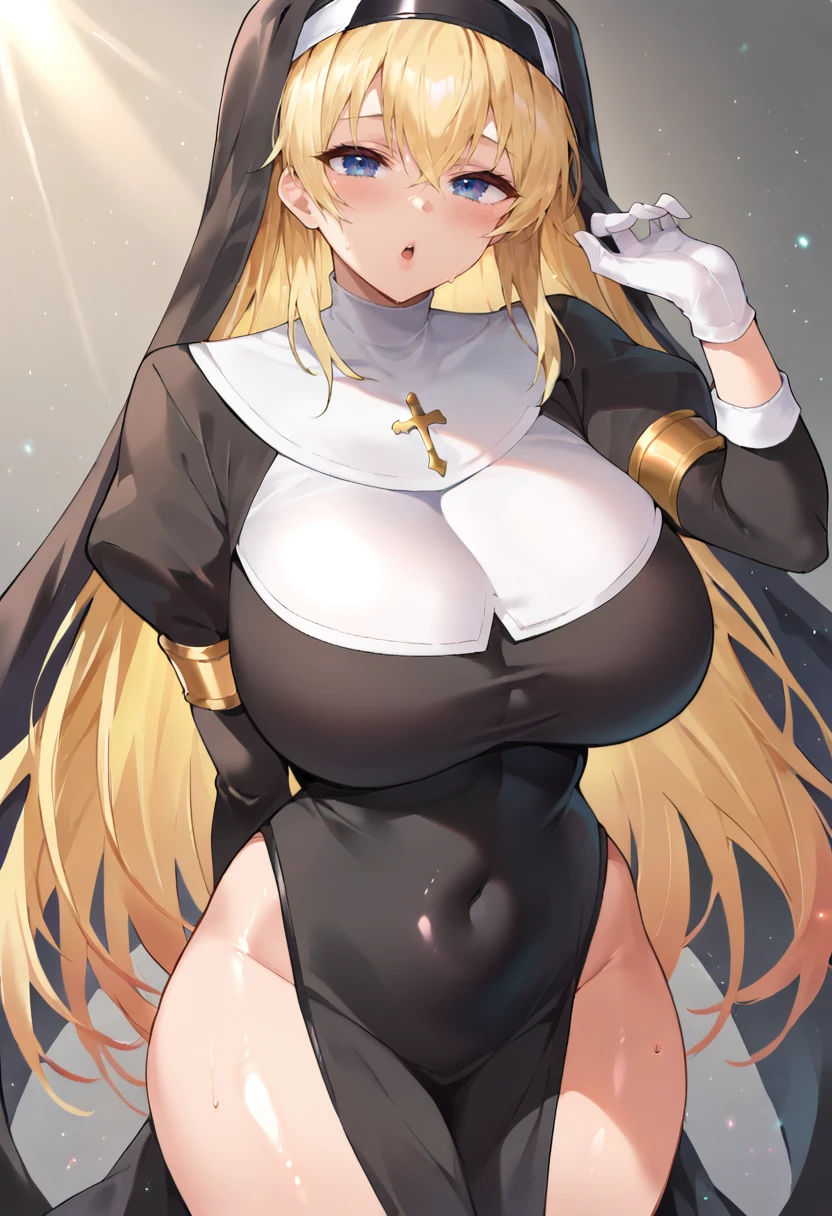 score_9, score_7_up,  1girl, 
huge breasts, wide hips, thick thighs, puffy sleeves, blonde hair, black hairband, thighs, cowboy shot, hand up, covered navel, clothing cutout, pelvic curtain, gradient hair, blue eyes, sidelocks, blush, long sleeves, grey ba...