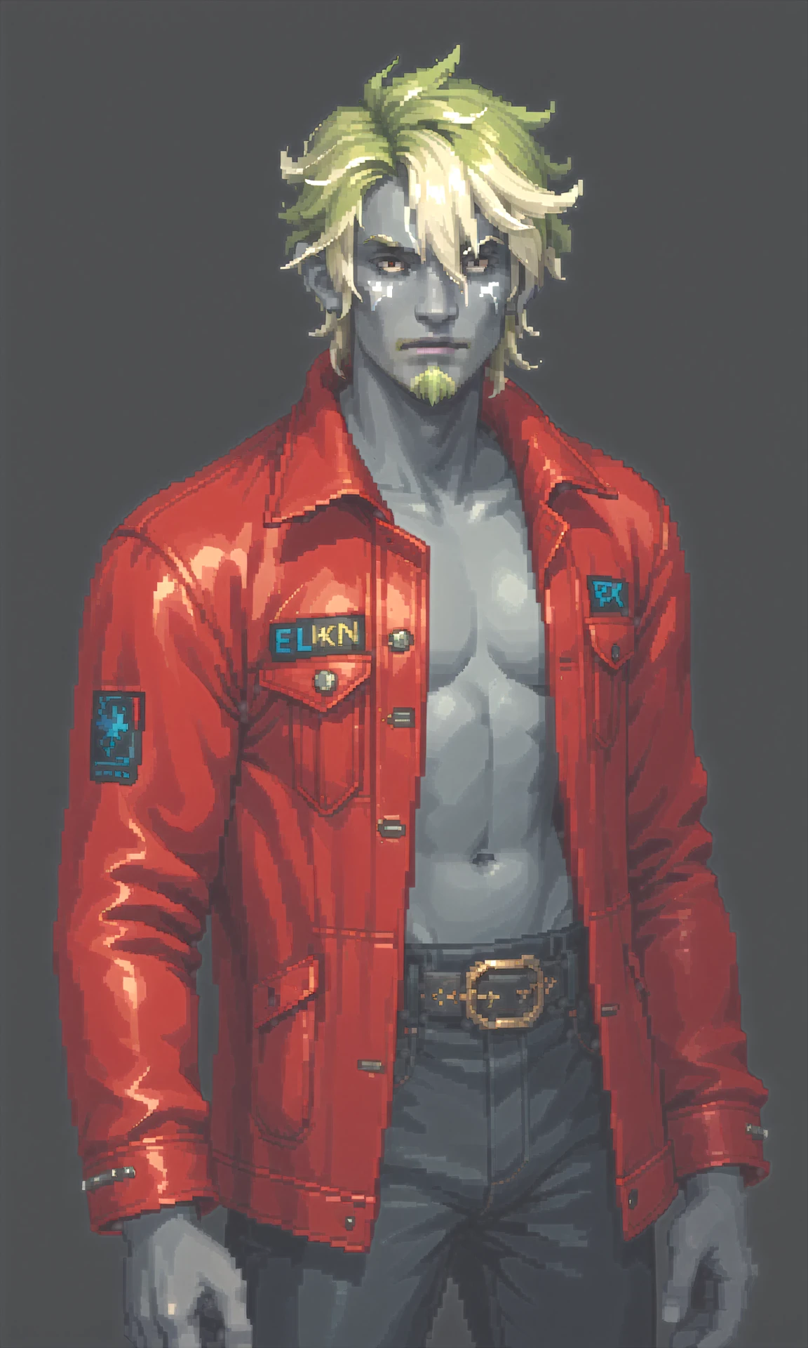 score_9, score_8_up, score_7_up, score_6_up, score_5_up, score_4_up BREAK KRH1ST1A, elvaan, 1boy, solo, male focus, facial hair, green hair, goatee, colored skin, jacket, blonde hair, pants, belt, multicolored hair, coat, hair over one eye, open clothes, red jacket, grey skin, elezen, pixel art