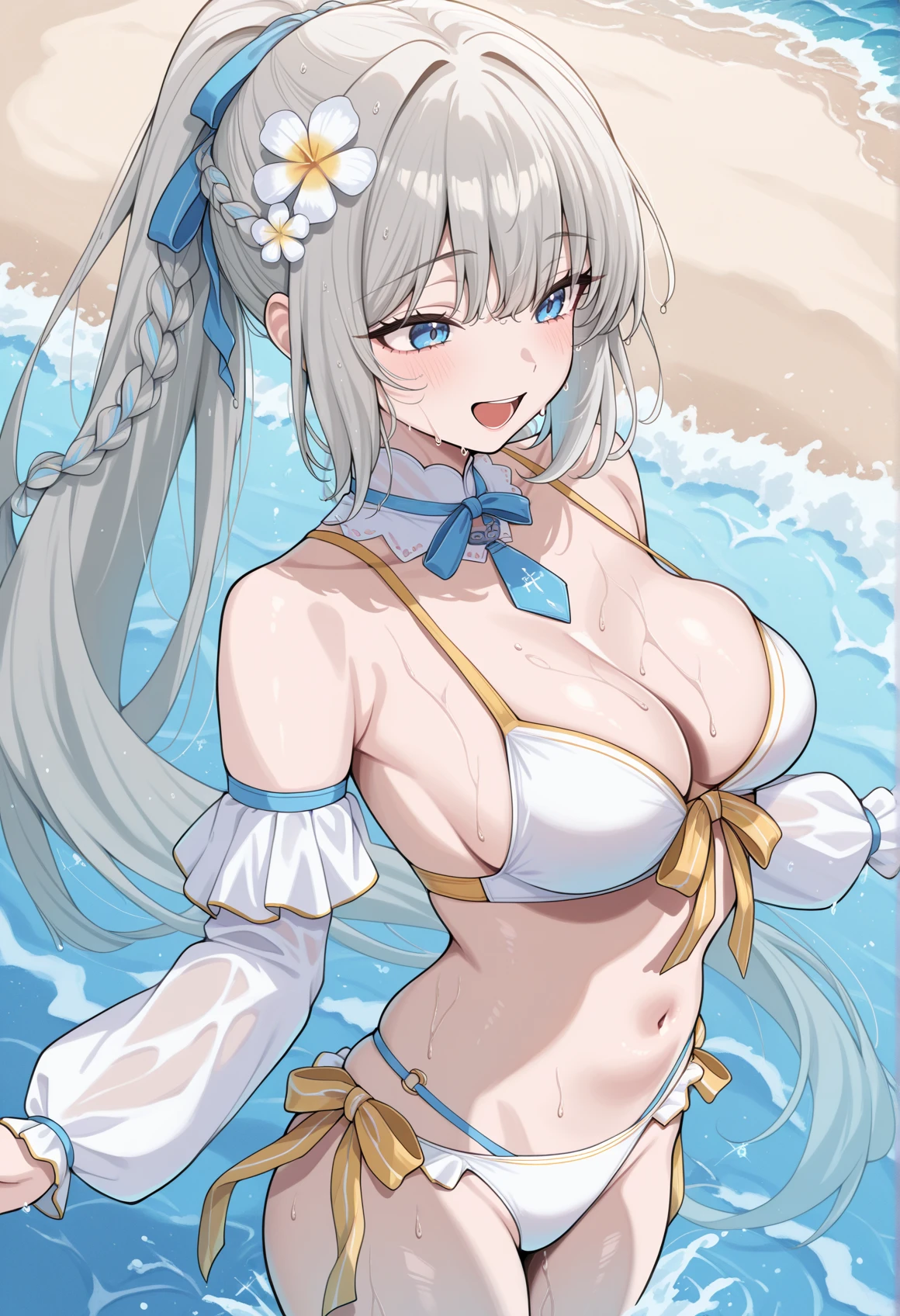 1girl, long hair, grey hair, blue eyes, very long hair, braid, ponytail, hair flower, white bikini, detached collar, detached sleeves, blue ribbon, yellow ribbon, outdoors, wet hair, wet, sweat, beach, submerged, smile, open mouth, sea, splashing water, waves, cowboy shot <lora:Morgan_XL:1> medium breasts, masterpiece, best quality, amazing quality, very aesthetic, absurdres, highres, newest