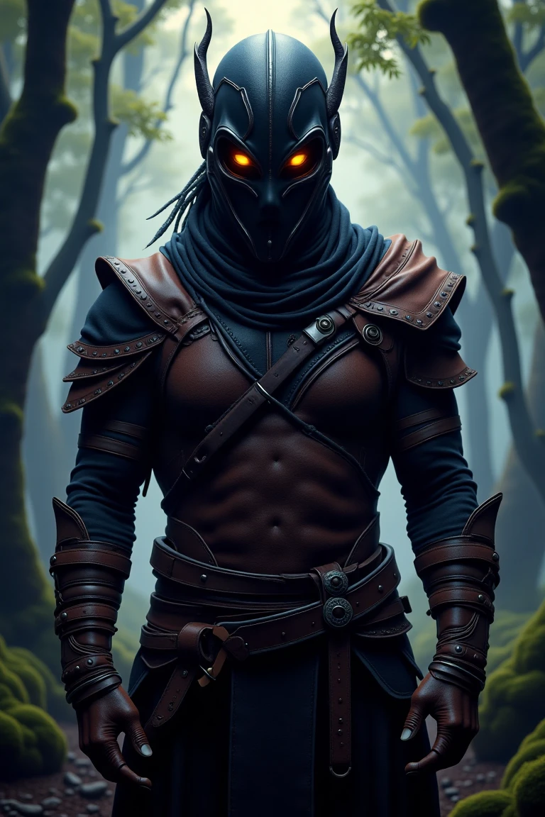 A Voxav clan member stands tall in a mystical forest glade, lit by soft, eerie illumination that accentuates the worn leather armor's rugged texture. The camera frames their unyielding gaze and powerful physique, emphasizing their strength and readiness to defend their kin at a moment's notice. The surrounding mist-shrouded trees create an atmosphere of unity and determination, as if they are one with the land and their tribe.,voxav clan