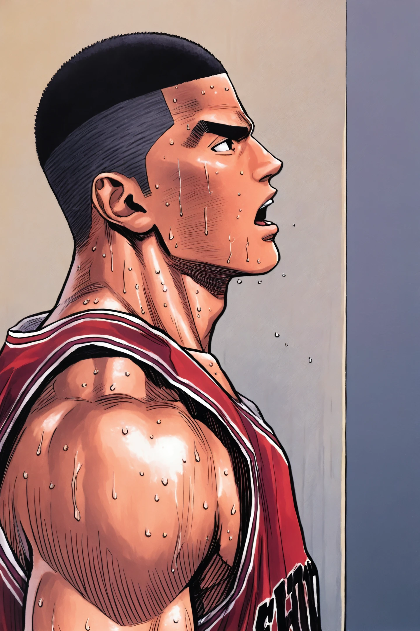 Akagi Takenori,1boy,male focus,solo,sweat,open mouth,red basketball uniform,very short hair,black hair,sportswear,muscular,buzz cut,profile,short hair,upper body,basketball,
<lora:Inoue Takehiko_illustriousXL:0.8>,