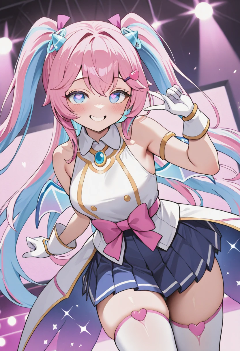 masterpiece,best quality,absurdres,perfect lighting,fantasy,stage,stage lights,
*//*,<lora:Angelic_Buster-v2.0:1>,ab_remaster,pink hair,multicolored hair,blue hair,long hair,blue eyes,twintails,white gloves,sleeveless,white thighhighs,wings,pleated skirt,bangs,symbol-shaped pupils,heart-shaped pupils,hair ornament,pink bow,pink footwear,
*//*,looking at viewer,cowboy shot,dutch angle,dynamic pose,smile,