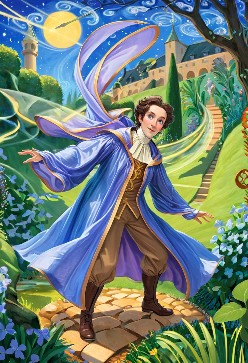 (masterpiece), (best quality), Androgynous (Sylph:1.2) (Bard:1.3) wearing Periwinkle (Cloak of Invisibility:1.1), in The Celestial Garden background, dynamic pose, <lora:Mary_GrandPré_Art_Style XL:1>, masterful composition, dynamic movement