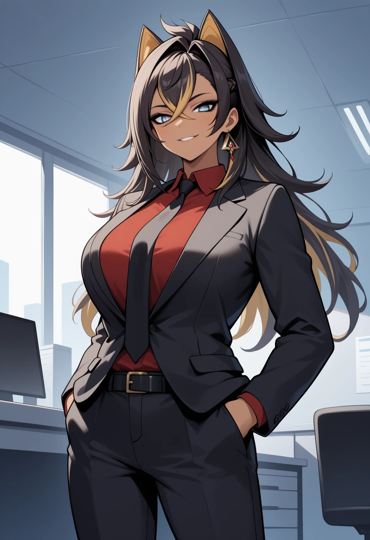 masterpiece, best quality, <break> solo, 1girl, d3hya, dark-skinned female, smile, looking at viewer, standing, hands in pockets, long hair, streaked hair, black hair, blonde hair, hair between eyes, crossed bangs, hair intakes, hair ears, pointy hair, blue eyes, yellow pupils, formal, suit, black jacket, suit jacket, long sleeves, red shirt, collared shirt, black necktie, black pants, black belt, large breasts, indoors, office, cubicle
<segment:yolo-Anzhc Face seg 640 v2 y8n.pt,0.4,0.5//cid=1>