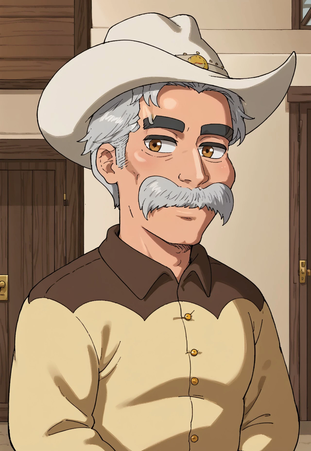 safe_pos, mayor Wild West, grey hair, facial hair, moustache, older man, wrinkles, butt chin, Muscular, Male, Thick Eyebrows, cowboy hat, shirt, long sleeve, smile, portrait, solo