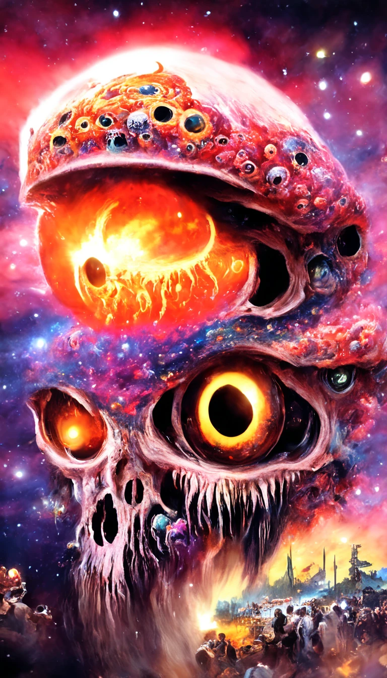 dscd_style cosmic horror nuclear explosions in the eye of jupiter,skull, octupus tentacles close-up, detailed, ultrarealistic