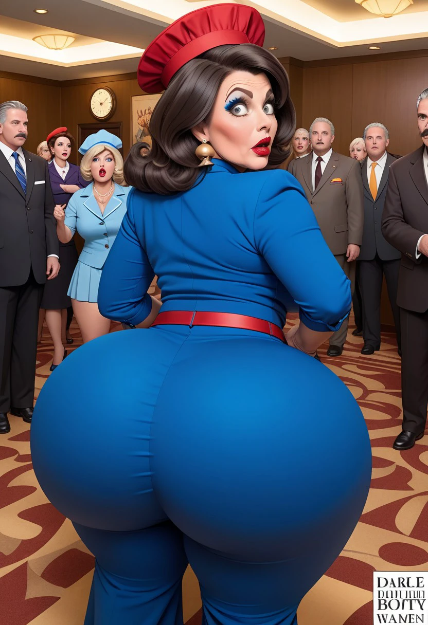 voluptuous misbehaving woman 60 years old 
Dark-brown bouffant, blue eyeliner, mascara, red lips, bell hop
Tight bellbottom trousers, trousers too tight, trousers bursting at seams, sharp pleats, very distinctive panty lines, little hat
Shocked-look, big ass, hotel foyer, crowd, 
Otk spanking, spanked by town mayor
booty-view, close-up