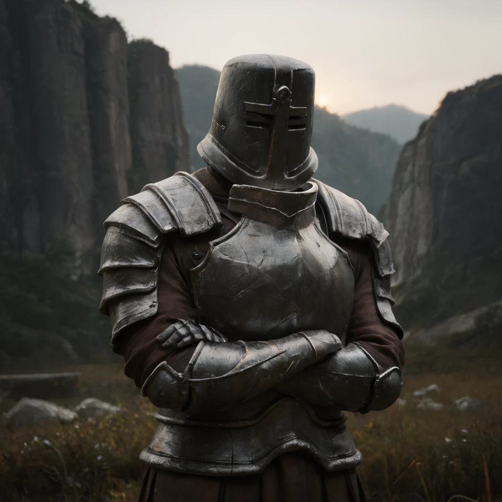 score_9, score_8_up, score_7_up, score_6_up, score_5_up, score_4_up, highres, incredibly absurdres, highly detailed, dim lighting, 3d, outdoors, ambiguous gender, solo, dsbit, helmet, black helmet, armor, black armor, breastplate, black breastplate, Pauldrons, black Pauldrons, Cuirass, black Cuirass, Gauntlets, black Gauntlets, tunic under armor, upper body, crossed arms <lora:Black_Iron_Tarkus_pony:0.6>