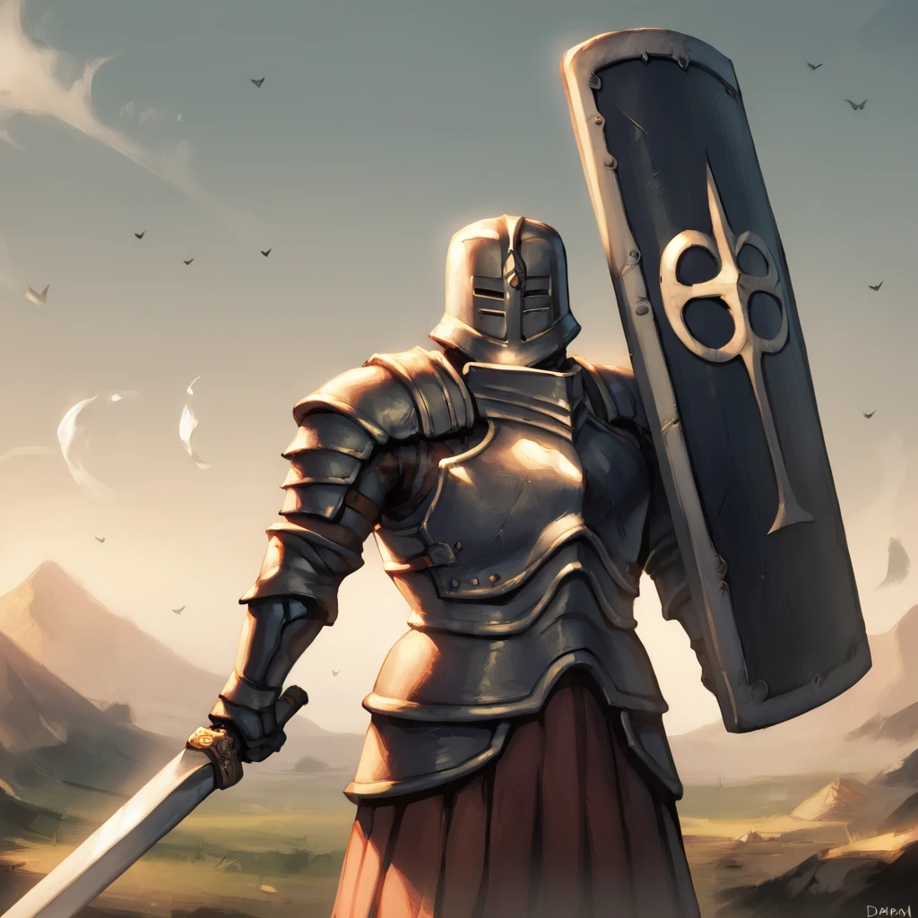 score_9, score_8_up, score_7_up, score_6_up, score_5_up, score_4_up, highres, incredibly absurdres, highly detailed, dim lighting, outdoors, ambiguous gender, solo, dsbit, helmet, black helmet, armor, black armor, breastplate, black breastplate, Pauldrons, black Pauldrons, Cuirass, black Cuirass, Gauntlets, black Gauntlets, tunic under armor, sword, holding sword, shield, holding shield, <lora:Black_Iron_Tarkus_pony:0.6> <lora:YamamotoXLP_Style:1> YamamotoXLP