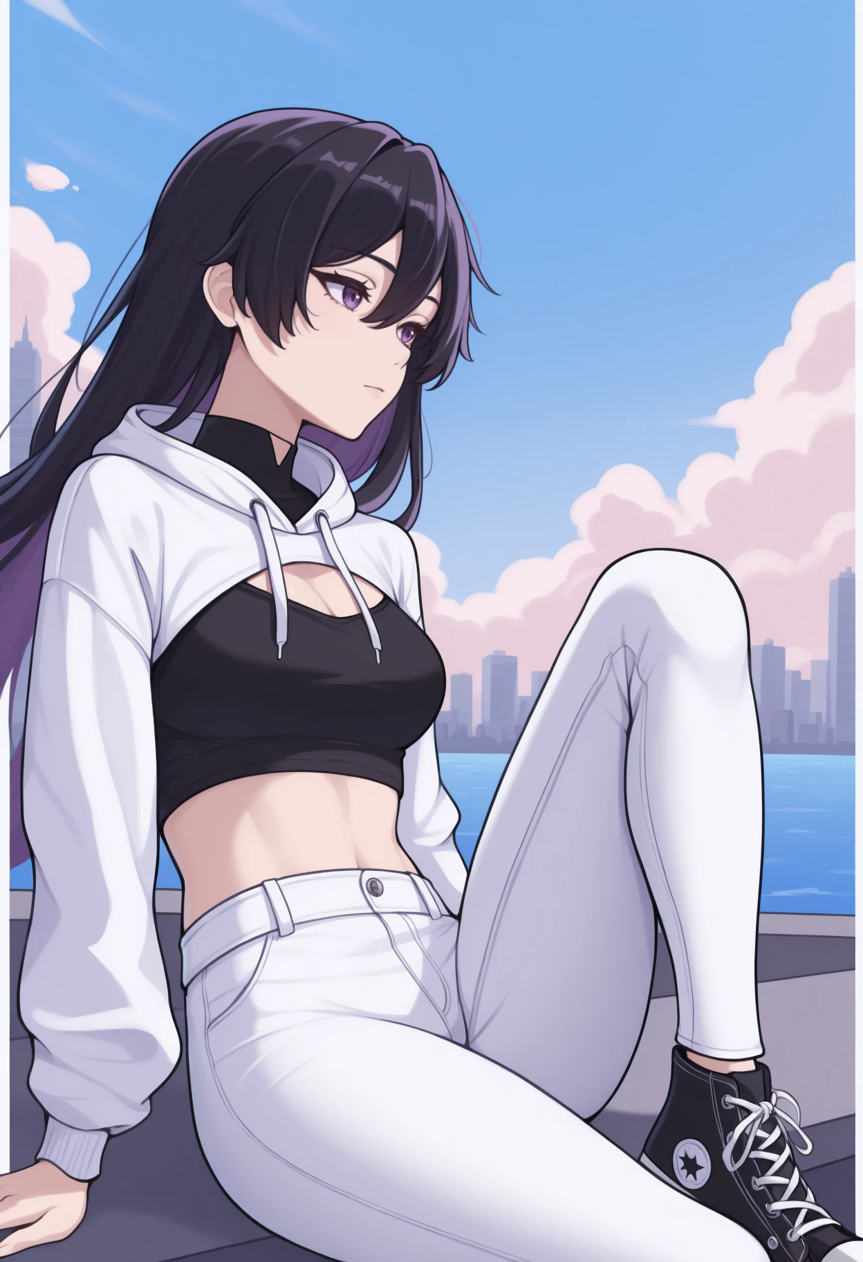 masterpiece, best quality, <break> solo, 1girl, bstrbn, expressionless, looking away, sitting, knee up, long hair, black hair, hair between eyes, purple eyes, shrug \(clothing\), white hoodie, long sleeves, black shirt, crop top, white pants, converse, outdoors, blue sky, cloud, city, ocean
<segment:yolo-Anzhc Face seg 640 v2 y8n.pt,0.4,0.5//cid=1>