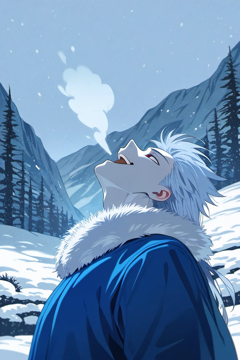 anime coloring, subsurface scattering, realistic shading, day, natural lighting, winter theme, snow, snowing, snowflakes, valley, breath, male focus, leaning back, head tilt, looking away, smiling, expressive face, BellionSDS, light blue_BellionSDS_long hair, red_BellionSDS_eyes, colored grey skin, open mouth, winter clothes, fur trim, 1boy, blurry outdoors, scenery, from side, from below, intricately detailed illustration, masterpiece,best quality,amazing quality,very aesthetic,absurdres,newest