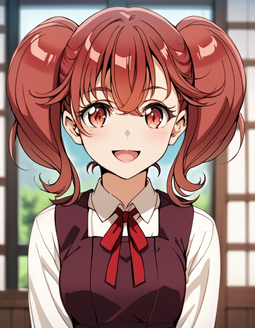 score_9, score_8_up, score_7_up, score_6_up, score_5_up, score_4_up, source_anime ,  <lora:edomaeelf:1>, happy, portrait,  koma, red eyes, red hair, twintails, school uniform, shirt, white shirt, pinafore dress, neck ribbon, ribbon, red ribbon,