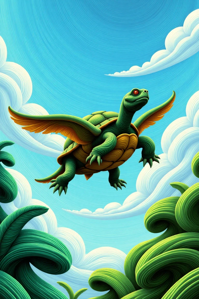 a whimsical illustration of a majestic flying turtle soaring through a bright blue sky with fluffy white clouds, its shell glistening in the warm blue light. The turtle's wings are outstretched, its fins splayed wide as it glides effortlessly above a lush green forest, leaves and branches blurred from the swift motion.,noga