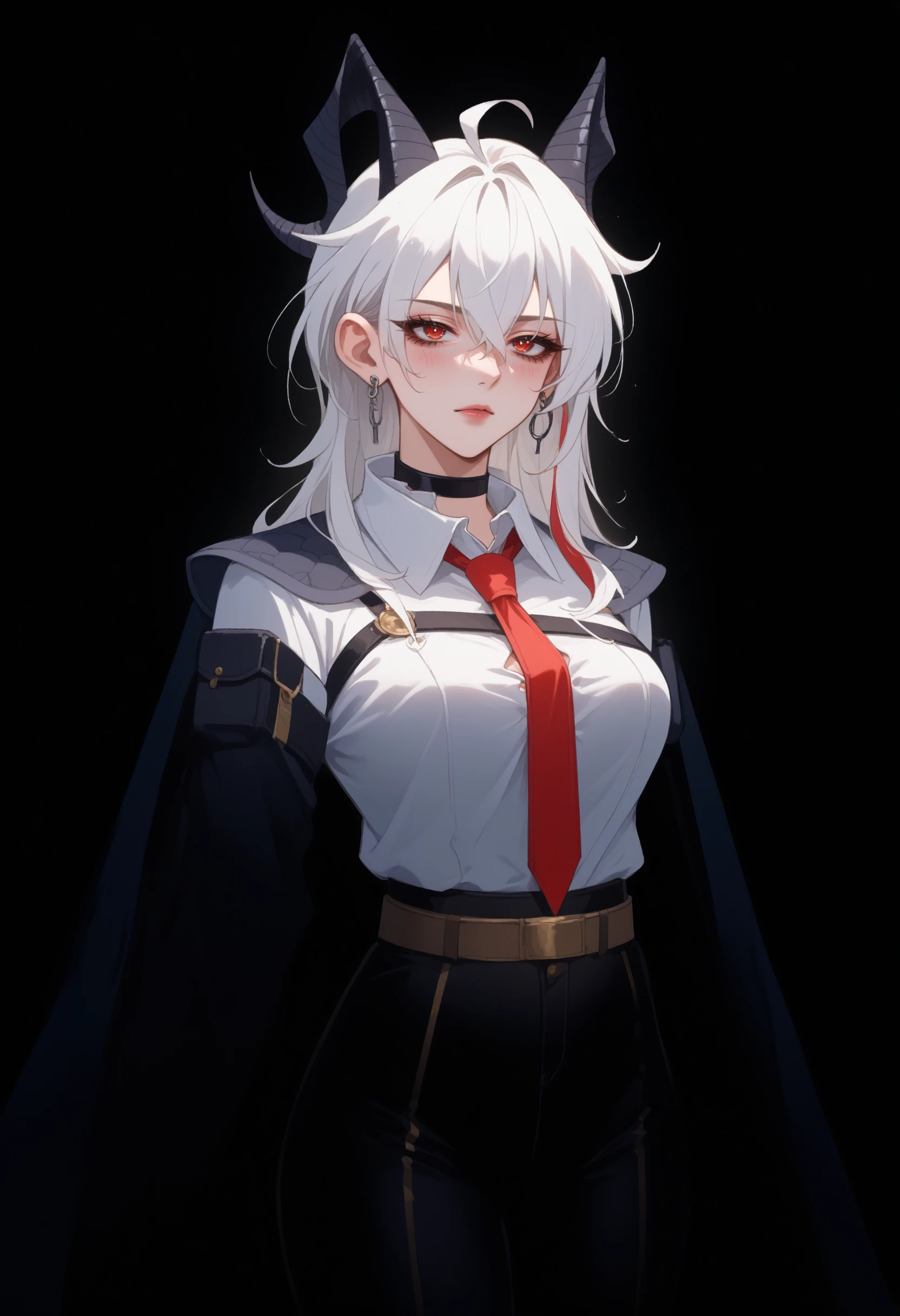 score_9, score_8_up, score_7_up, source_anime, 
<lora:wrenchWuwaZani-000009:1>, wrnchwuwazani, horns, hair between eyes, red eyes, long hair, large breasts, white hair, demon horns, ahoge, 
demon tail., 
collared shirt, white shirt, red necktie, long sleeves, black gloves, earrings, jewelry, black choker, black pants, belt, shirt tucked in, button gap, cape,