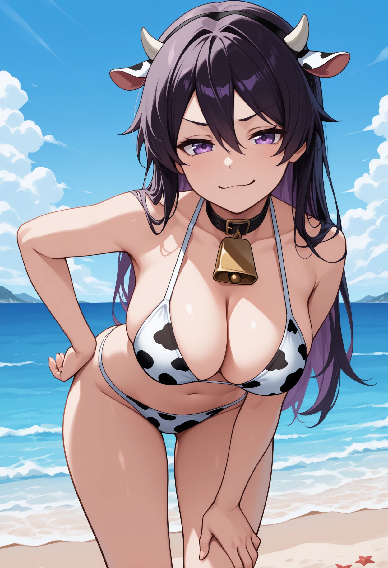 masterpiece, best quality, <break> solo, 1girl, bstrbn, smug, looking at viewer, standing, leaning forward, hand on own thigh, hand on own hip, long hair, black hair, hair between eyes, purple eyes, cow horns, cow print bikini, cowbell, cleavage, large breasts, outdoors, blue sky, cloud, beach, ocean
<segment:yolo-Anzhc Face seg 640 v2 y8n.pt,0.4,0.5//cid=1>