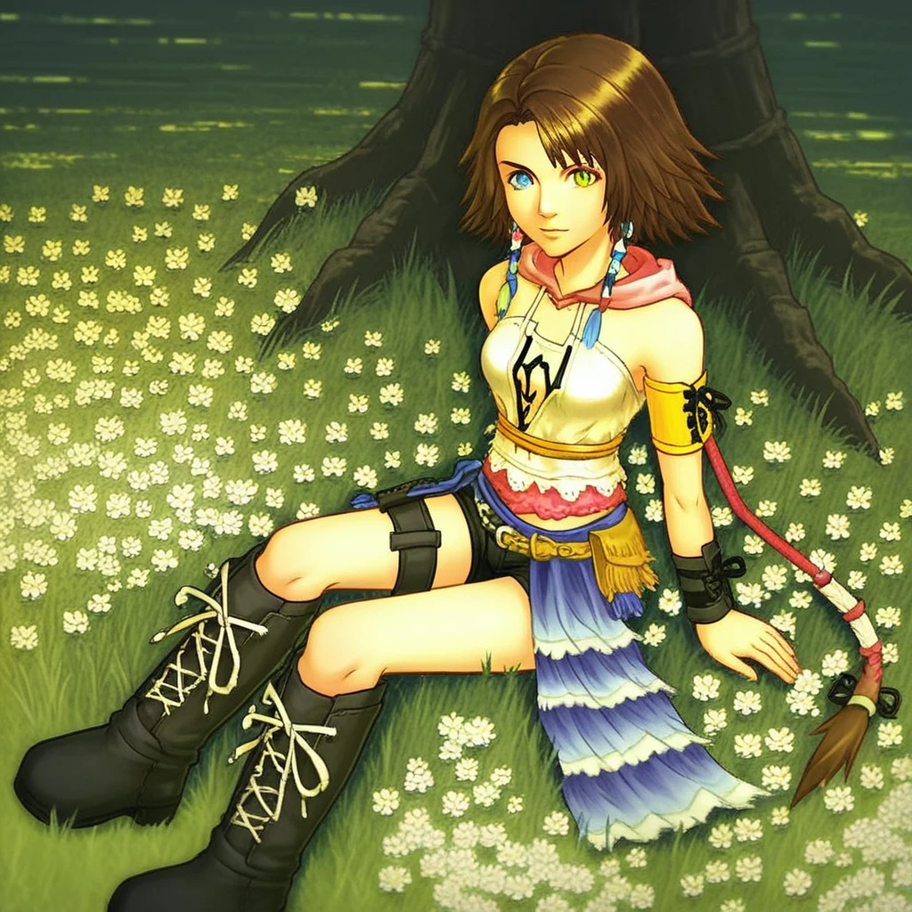 score_9, solo, yuna_x2, 1girl, brown hair, short hair, heterochromia, armband, shirt, shorts, boots, sitting, grass, looking at viewer, flowers