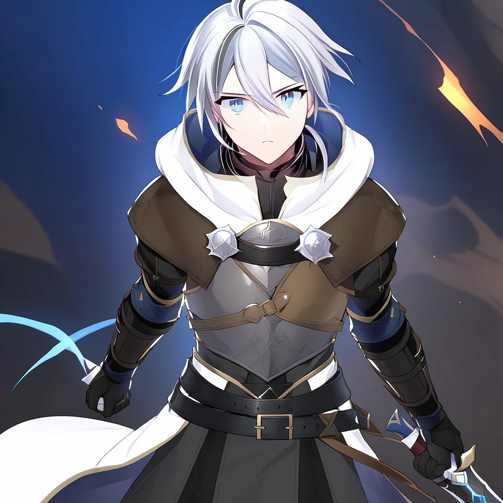 ras, 1boy, male focus, solo, white hair, short hair, light skin, blue eyes, white high collar hood, hood down, brown and silver mantle, steel breastplate, brown blue and black gloves, black belts