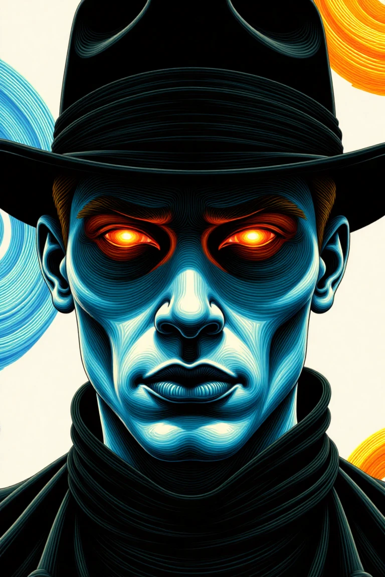 A close-up of a man's face is depicted, adorned with a black fedora hat. The man's eyes are glowing orange, adding a pop of color to the otherwise monochromatic scene. The background is a mix of blue, white, and orange hues, creating a striking contrast to the man's head and the hat. The man's body is styled in nule, characterized by bold, dramatic contrasts, minimalist design, and high-contrast visual elements, blending abstract and futuristic aesthetics.,noga