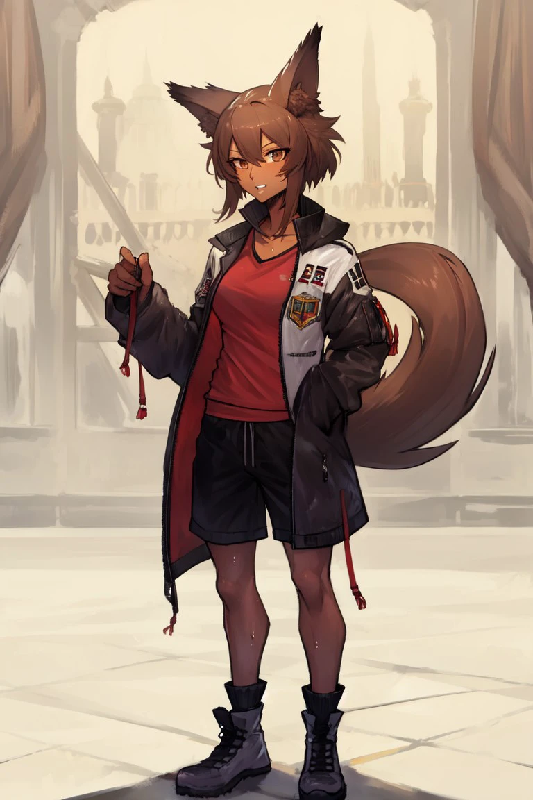 safe_pos, masterpiece, best quality, kobold, full body, teeth, shorts, brown eyes, dark-skinned female, medium breasts, sweat