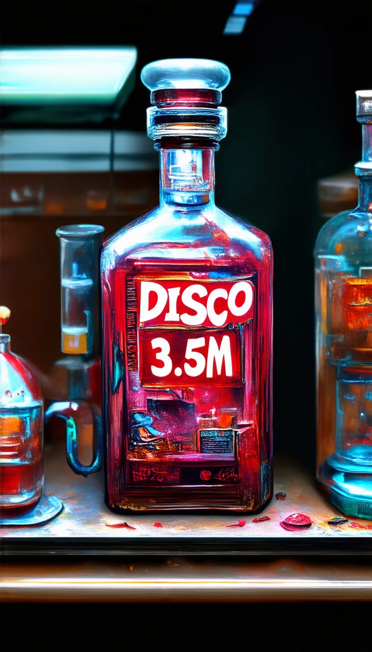 dscd_style abstinence liquor bottle on a shelf in a mad scientists messy lab the bottle reads "DISCO 3.5M"