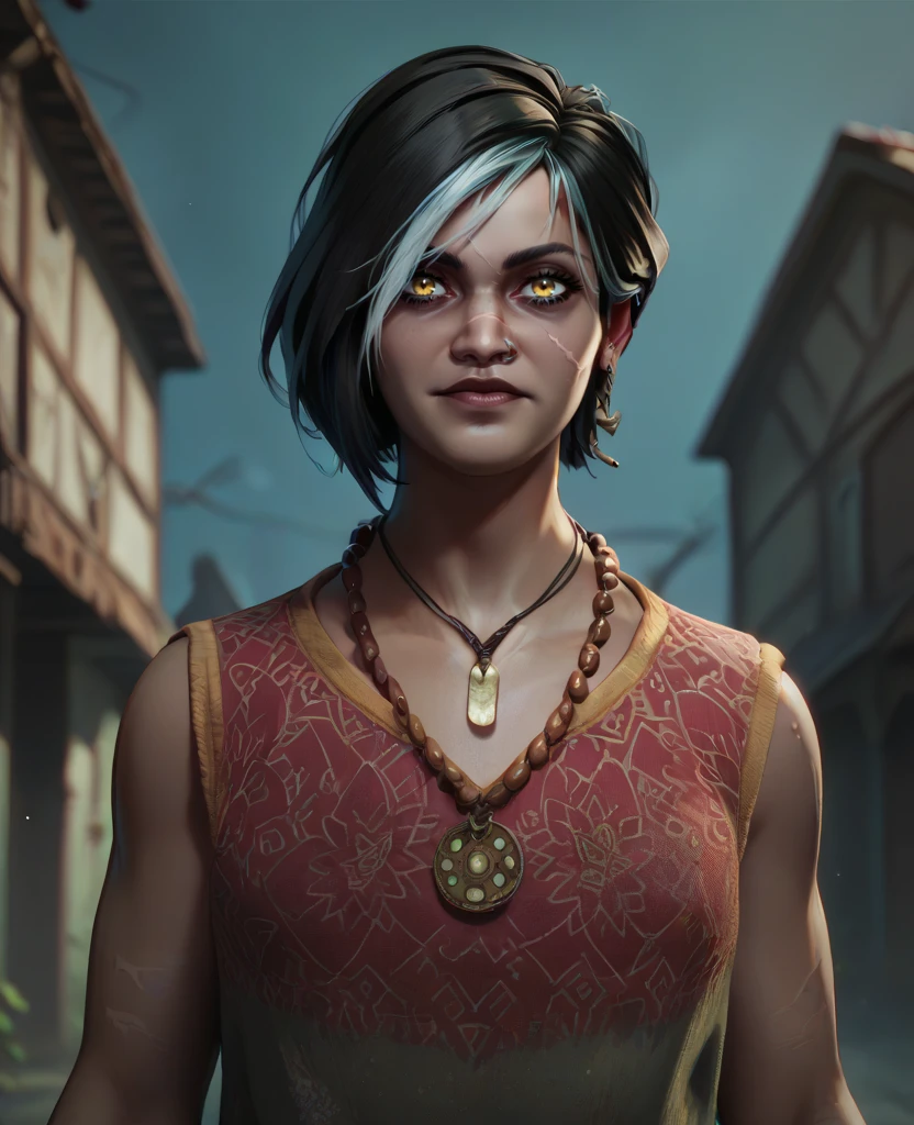 score_9,score_8_up,score_7_up,score_6_up,
haddiekaurxl,two-tone hair,black hair,scar,yellow eyes,looking at viewer,
multicolored shirt,necklace,earring,piercing,
looking at viewer, 
standing, 
abandoned houses,night,<lora:haddiekaurxl:0.9>,