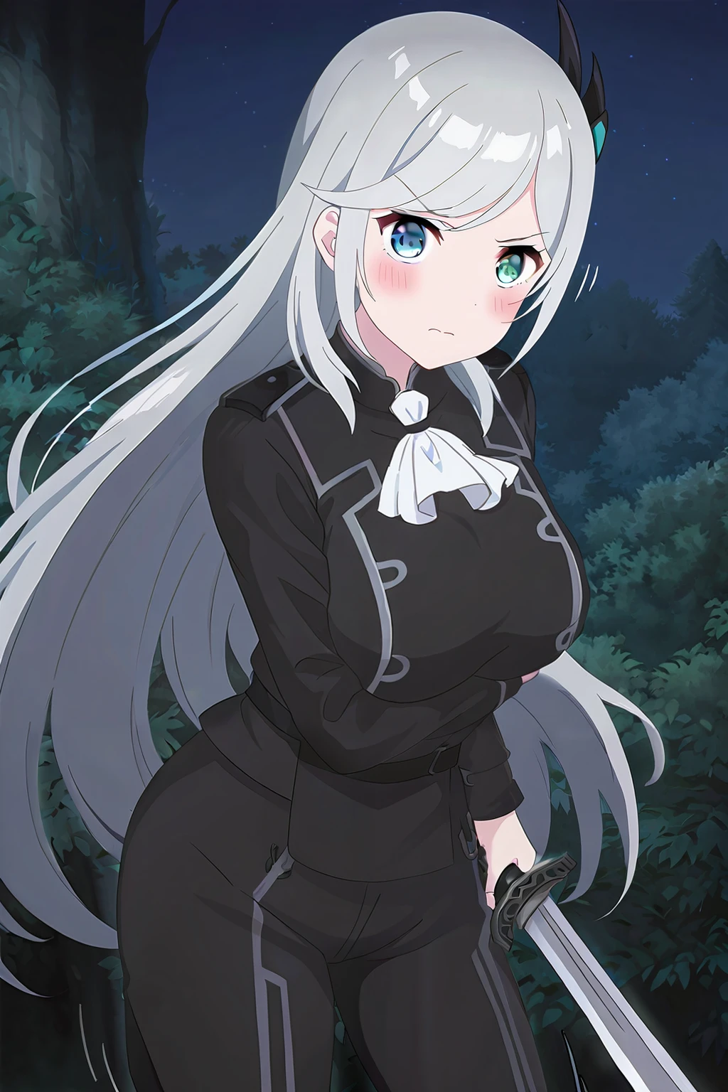 (masterpiece), (best quality), (intricate details, very aesthetic), absurdres, highres, 1girl, cinematic light, <lora:Livia_de_Udis-Illustrious:1> livia_wz, very long hair, grey hair, heterochromia, blue eyes, green eyes, hair ornament, large breasts, white ascot,long sleeves, black jacket, jewelry, black pants, holding sword, angry, night, forest, frontal, motion lines, v-shaped eyebrows, looking at viewer,