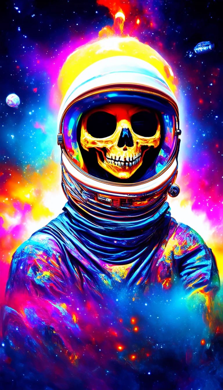 dscd_style a psychedelic cosmonaut skeleton melting tearing his suit off rainbow melting color scheme floating in the cosmos nebula glass space helmet Infront of an exploding spaceship