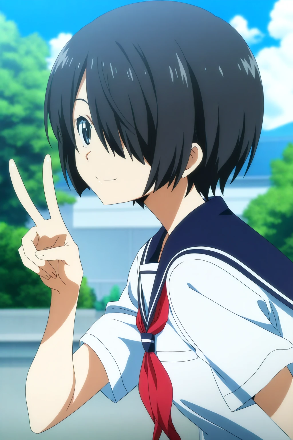 1girl, black hair, from side, hair over one eye, school uniform, short hair, v, summer, 
, anime screencap,