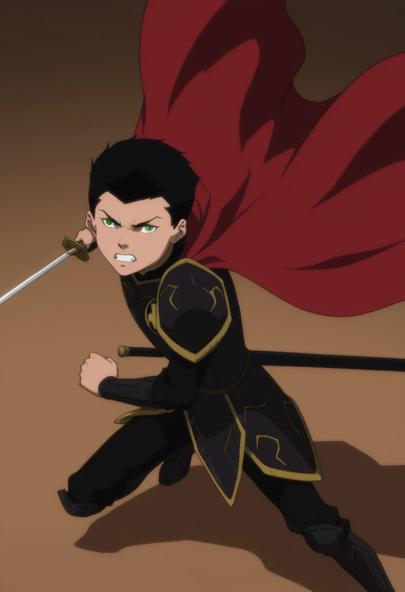 masterpiece, best quality,
damian wayne, black hair, green eyes, black armor, red cape, sword, weapon, 1boy, male focus, solo, armor, holding sword, holding weapon, holding, cape, short hair, clenched teeth, shoulder armor, teeth, pauldrons, parody