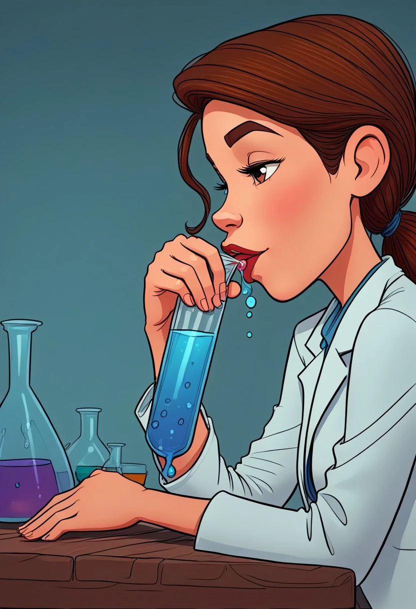 masterpiece,best quality, highly detailed, score_9, score_8_up, score_7_up, score_6_up,source_cartoon,
BREAK, datmom, science lab, labcoat, testube, TTgrab-top, TTdrinking, TTsmall, TThalf-full, TTopen, TTliquid-blue, TTbubbles,