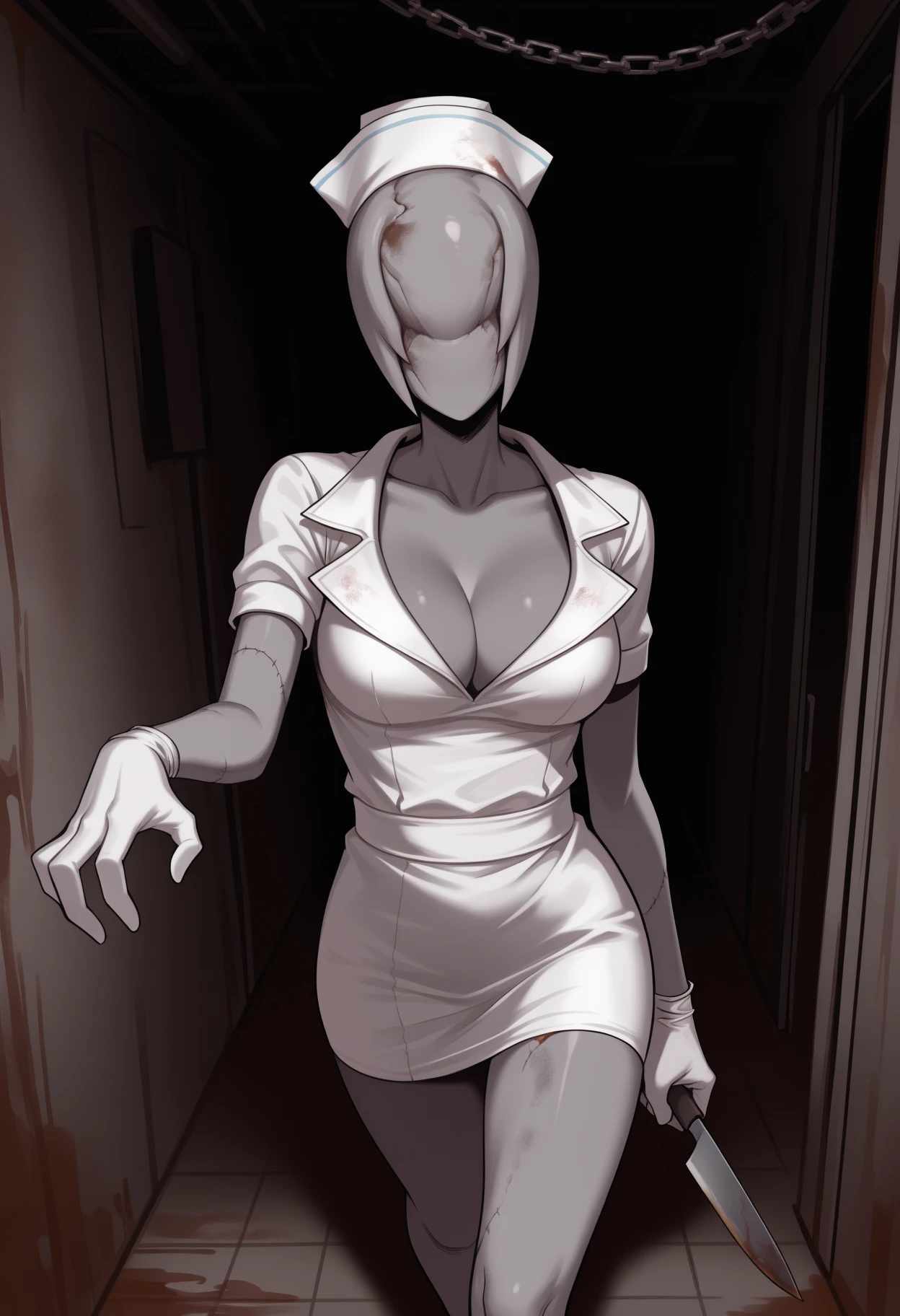 a girl with a large waist and big tits, her body marked in her clothe, she smilling
